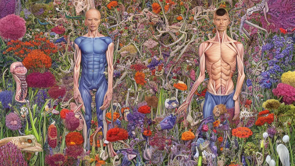 Image similar to highly detailed illustration of a human anatomy body surrounded by all the known species of flowers by juan gatti, by michael reedy!!, by moebius, by oliver vernon, by joseph moncada, by damon soule, by manabu ikeda, by kyle hotz, by dan mumford, by kilian eng