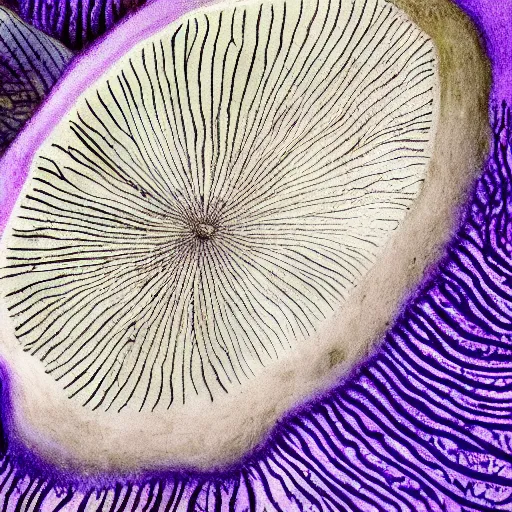 Image similar to a mushroom's gills from the bottom that is purple and grey with intricate microscopic view of patterns ; maximum realism ; maximum detailed close - up ; dramatic lighting