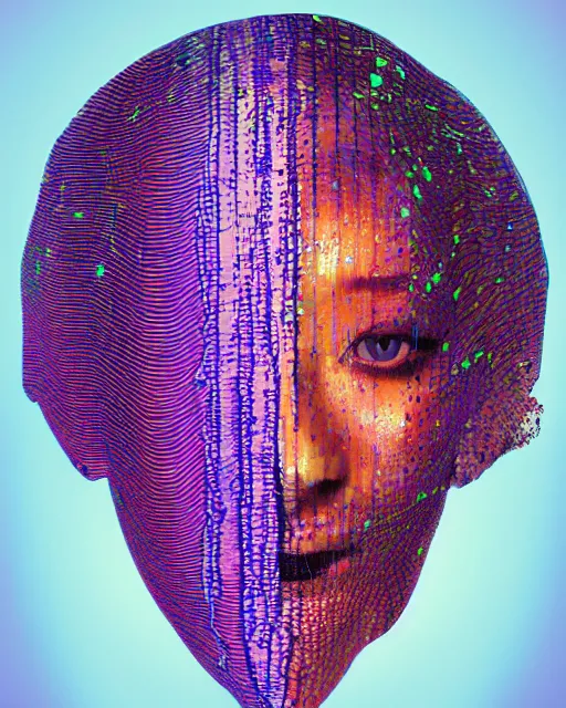 Image similar to singularity, a woman's face, cut and paste collage, liquid metal, pixels, clean glow, hypnotized, cold explosion, utopian, low colors, glitched patterns, serene emotions