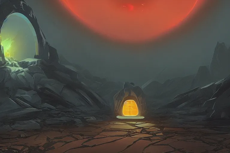 Image similar to a single distant fleshy glowing portal opens up in an otherwise dark and desolate landscape : retro, sci - fi, concept art