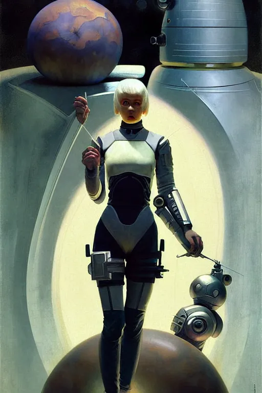 Image similar to pulp scifi fantasy illustration full body android girl, fencer, white hair, futuristic design, crafting, diy, by norman rockwell, roberto ferri, daniel gerhartz, edd cartier, jack kirby, howard brown, ruan jia, tom lovell, jacob collins, dean cornwell, astounding stories, amazing, fantasy, other worlds