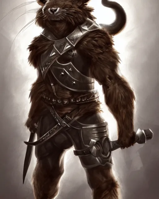 Image similar to a full body shot of a muscular anthro furry rat wearing a fantasy medieval armor striking a heroic pose, fantasy, artstation, furry art, furaffinity, deviantart, symmetrical, highly detailed, award winning, trending