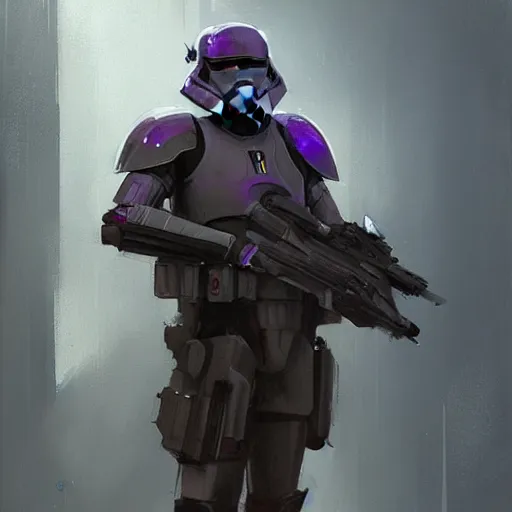 Image similar to concept art of a portrait by greg rutkowski, a soldier of the eternal empire wearing purple and white tactical gear, star wars expanded universe, smooth, sharp focus, artstation hq.