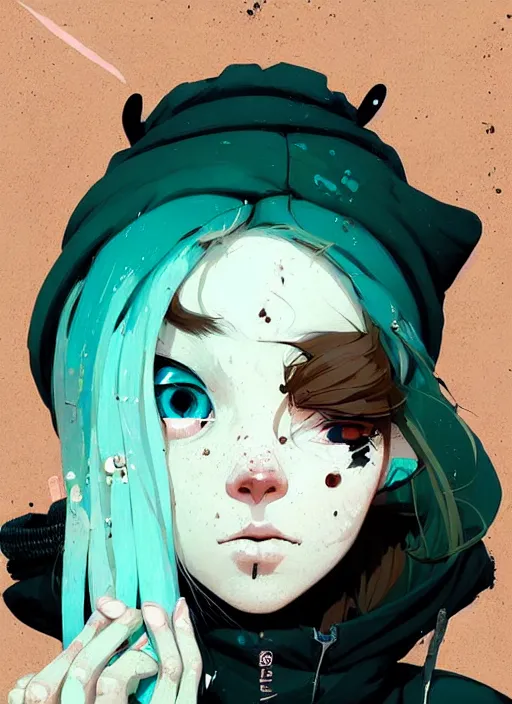 Prompt: highly detailed portrait of a sewer punk lady student, blue eyes, hoodie, cloudy curly white hair by atey ghailan, by greg rutkowski, by greg tocchini, by james gilleard, by joe fenton, by kaethe butcher, gradient green, black, brown and cyan color scheme, grunge aesthetic!!! ( ( graffiti tag wall background ) )