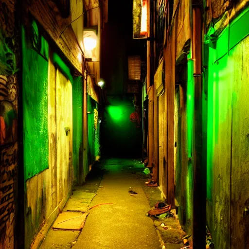 Prompt: an alleyway in a slum with green lighting in the style of arcane