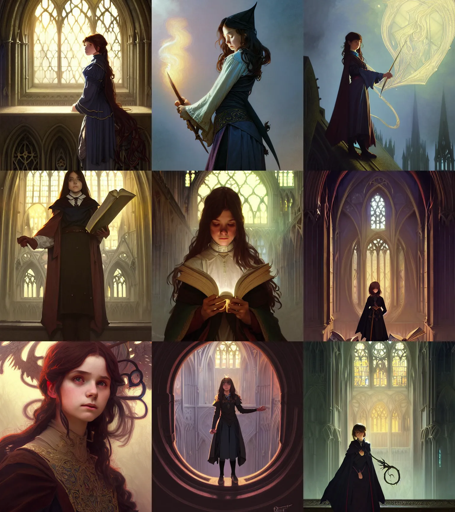 Prompt: Portrait of young teenage female witch sorcerer, D&D fantasy, magic school uniform, large cathedral library dimly lit, wispy smoke, intricate, highly detailed, digital painting, artstation, concept art, sharp focus, illustration, art by greg rutkowski and alphonse mucha