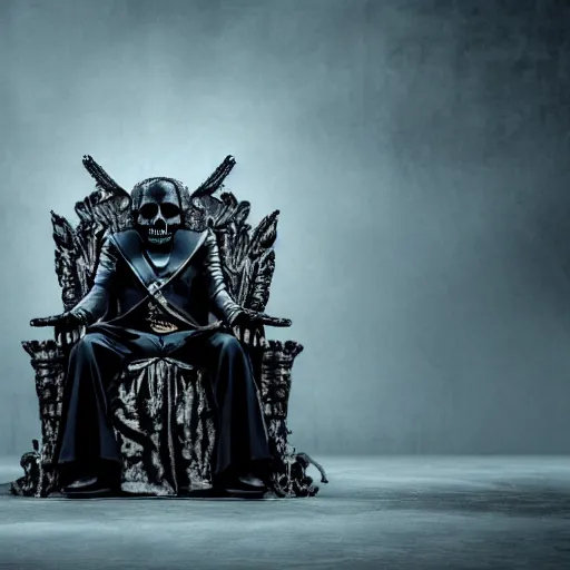 Prompt: the king of death, sitting on throne, shadows, hyperrealistic, dead bodies in the background, high resolution, 8 k, dramatic lighting, holding a skull, dramatic pose, dramatic