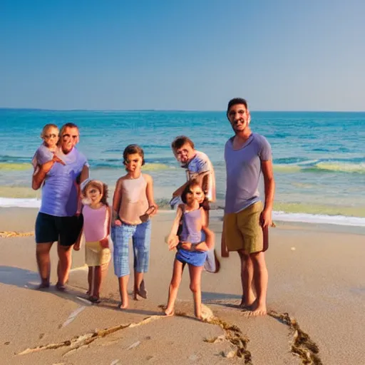 Image similar to a happy family group of people standing on top of a sandy beach, a stock photo by demetrios farmakopoulos, shutterstock contest winner, verdadism, stockphoto, stock photo, photo taken with ektachrome, realistic shaded perfect face, realistic shaded lighting, 8 k ultra realistic