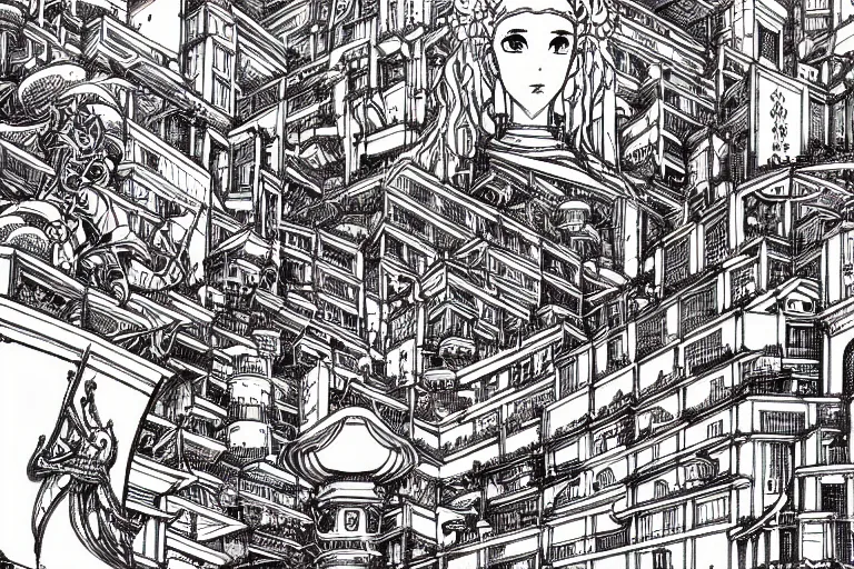 Image similar to establishing shot of a late renaissance coastal city, intricate linework, in the style of moebius, ayami kojima, 1 9 9 0's anime, retro fantasy