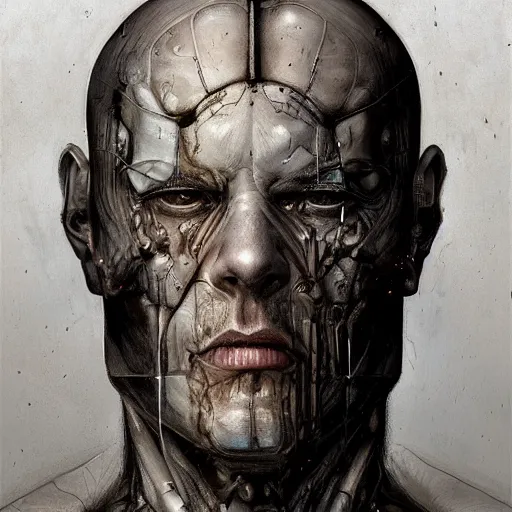 Prompt: surreal portrait of a man by Greg Rutkowski and H.R Giger, cyborg of indeterminate age, symmetrical, bald, haunting and artificial appearance, pale as marble, biomechanical and intricate, empty and uncany expression, cosmic void background, frightening, fascinating, highly detailed portrait, digital painting, book cover, artstation, concept art, smooth, sharp foccus ilustration, Artstation HQ.