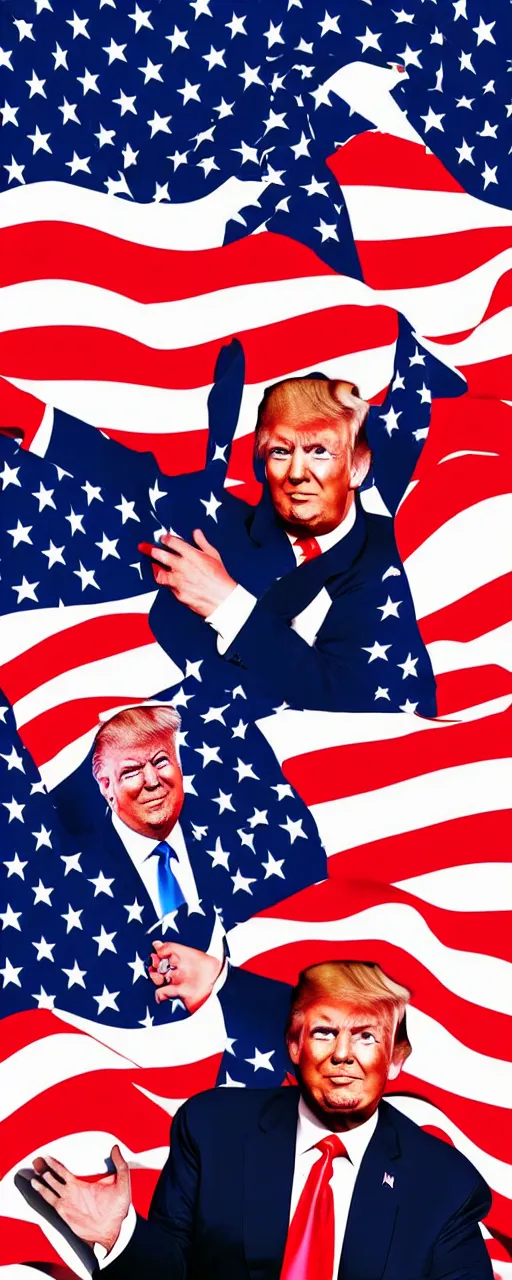 Image similar to graphic art of donald trump as a professional dancer in front of an american flag which covers the entire background