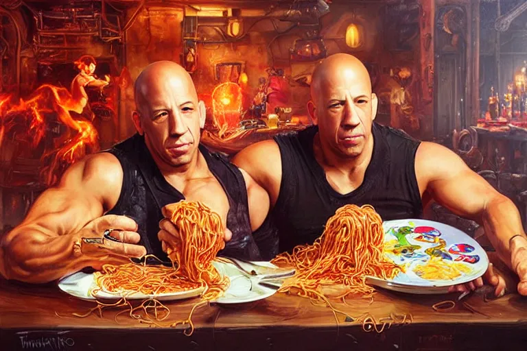 Image similar to portrait of vin diesel and danny trejo sharing spaghetti, an oil painting by ross tran and thomas kincade