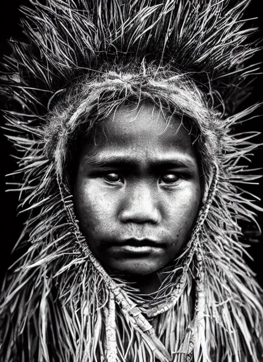 Image similar to Award winning Editorial photo of a Native Kiribati with incredible hair and beautiful hyper-detailed eyes wearing traditional garb with a Bokikokiko by Lee Jeffries, 85mm ND 5, perfect lighting, gelatin silver process