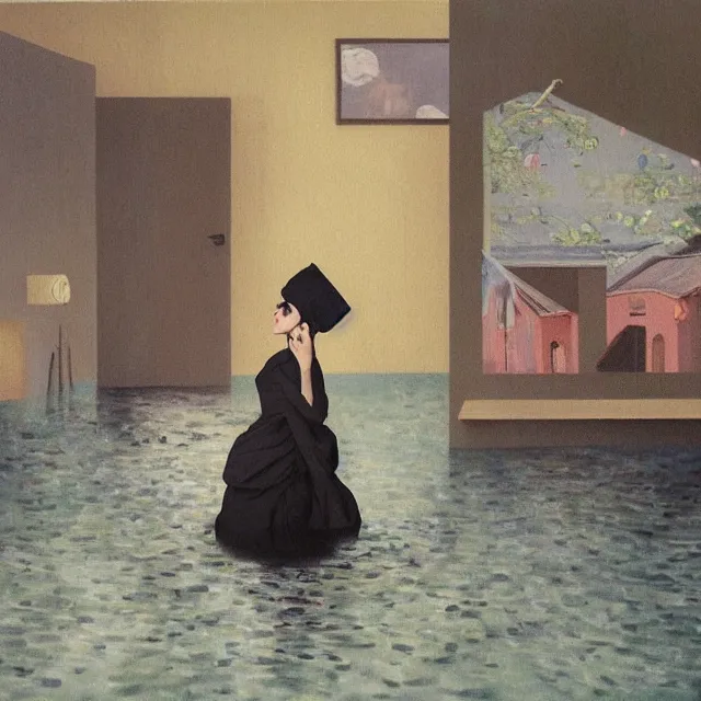 Image similar to tall female emo artist in her flooded kitchen, water gushing from ceiling, painting of flood waters inside an artist's home, a river flooding indoors, pomegranates, pigs, ikebana, zen, water, octopus, river, rapids, waterfall, black swans, canoe, berries, acrylic on canvas, surrealist, by magritte and monet