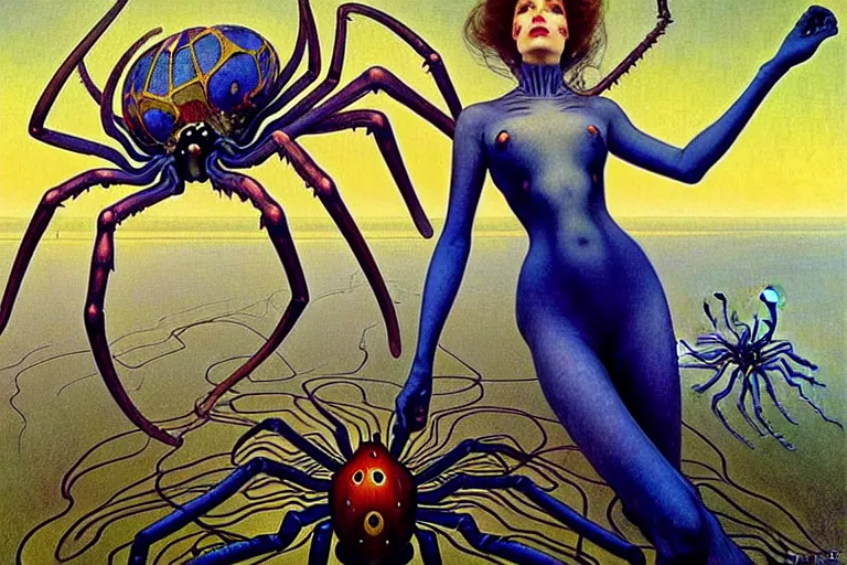 Prompt: realistic extremely detailed portrait painting of a fully dressed woman with a giant spider, futuristic sci-fi landscape on background by Jean Delville, Amano, Yves Tanguy, Alphonse Mucha, Ernst Haeckel, Edward Robert Hughes, Roger Dean, rich moody colours, blue eyes