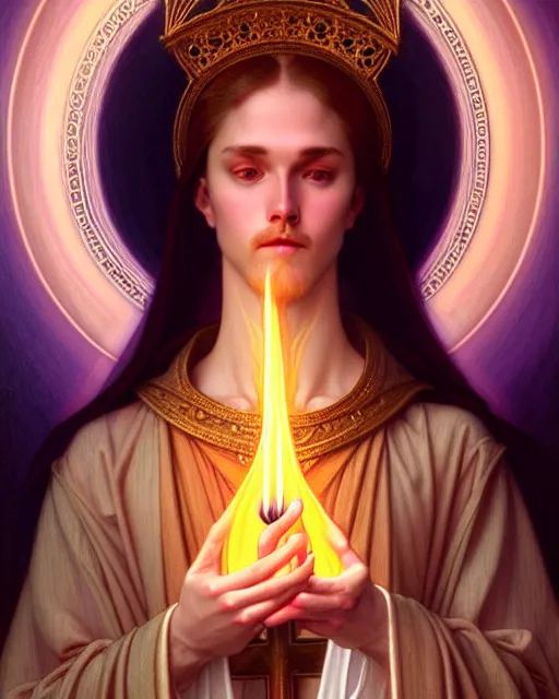 Image similar to symmetry portrait of saint germain holding a violet flame, intricate, elegant, highly detailed, digital painting, artstation, concept art, smooth, sharp focus, illustration, art by artgerm and greg rutkowski and fra angelico and alphons mucha