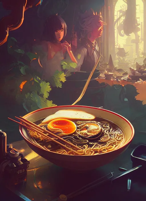 Image similar to highly detailed bowl of lucrative ramen, stephen bliss, unreal engine, fantasy art by greg rutkowski, loish, rhads and lois van baarle, ilya kuvshinov, rossdraws, tom bagshaw, alphonse mucha, global illumination, detailed and intricate environment