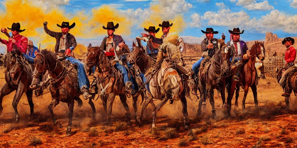 Prompt: photorealist painting of wild west western gunfight, cowboy shootout, vivid colors, warm colors, high production value, intricate details, high resolution, hyperrealistic, hdr, high definition, masterpiece, ultra realistic, highly detailed, hd, sharp focus, non blurry, sharp, smooth