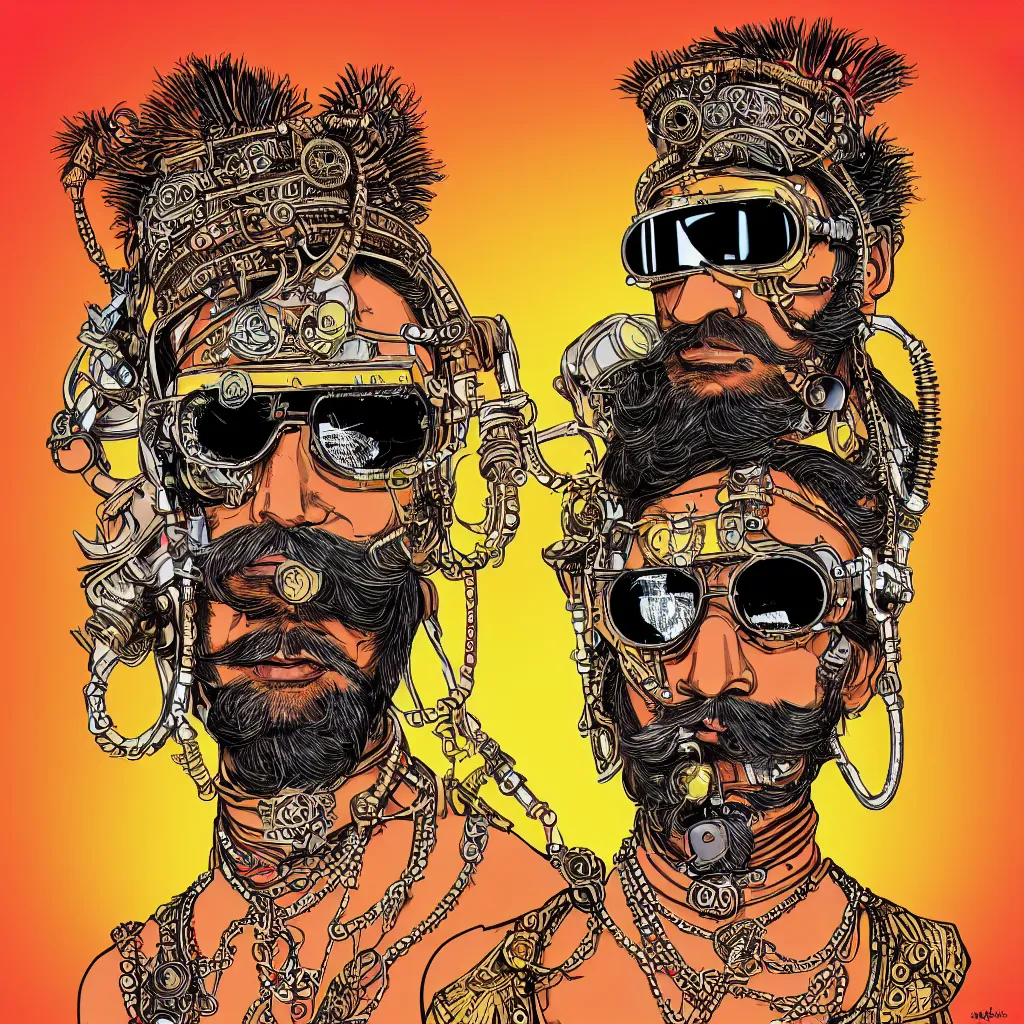 Image similar to face portrait of an indian man with long neon moustache rajasthani pagdi wearing madmax style steampunk goggles and steampunk jewelry, art by butcher billy, sticker, colorful, illustration, highly detailed, simple, smooth and clean vector curves, no jagged lines, vector art, smooth