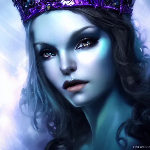 Image similar to detailed portrait of a dark fairy queen , realism, pale blue, emerald, sapphire,dark purple crown,leaves, moonlit, dark fantasy, dramatic lighting, cgsociety, artstation