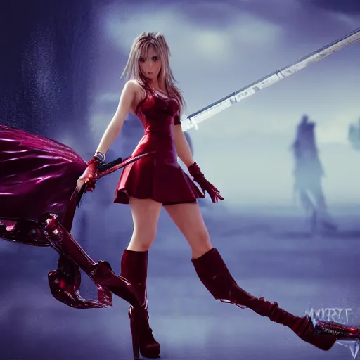 Prompt: epic scene of very attractive final fantasy vii female character, detail face, lovely eyes and detailed lips, with amazing detail red dress, feet in high heels, side view ) ( fighting ) hyper realistic 3 d render, art station, particles, epic scene, mucha, clouds, seductive jump pose, blur focus, action,