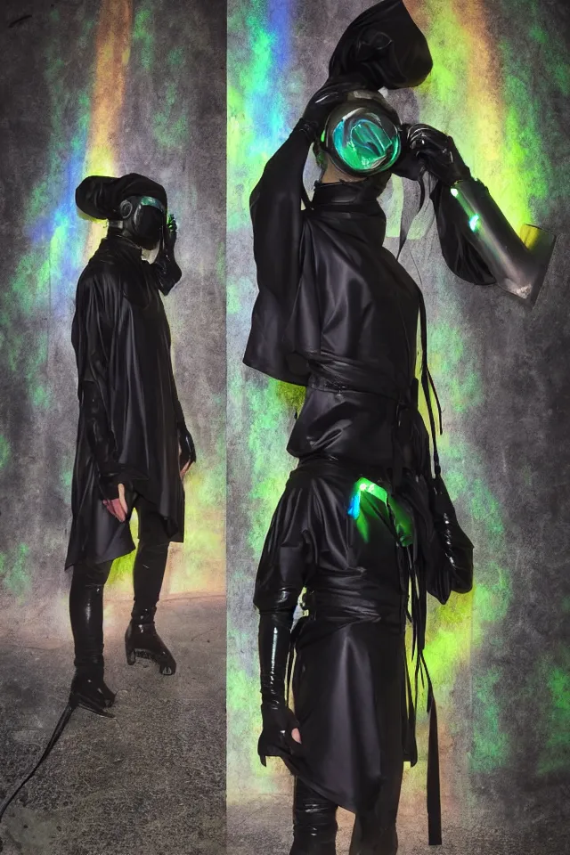 Prompt: androgynous ninja shaman tunic made of latex, radio goggles, techwear, iridiscent fabric, cinematic lighting at night, iridiscent light, wet floors, neon, syd mead, masterpiece