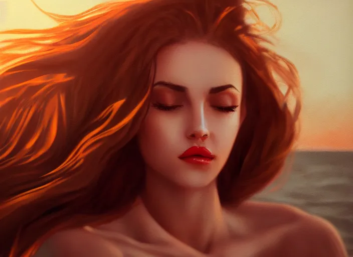 Image similar to woman love woman, sweet hugs, gold trim, atmoshperic, elegant, sharp focus, sand sea, red sun, huge lips, by 3 8 0 light & color female reference pictures, trending on artstation, intricate details