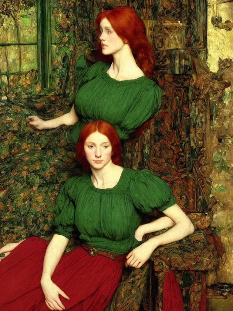 Image similar to a portrait of a beautiful young woman with flowing red hair, green dress, interior of a medieval living room, pre-raphaelite, backlit, by Waterhouse, by Millais