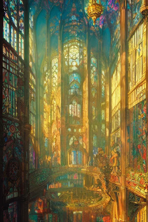 Prompt: city made out of stained glass, art nouveau, bright colors, intricate, highly detailed, elegant, sun shining through, sharp focus, art by rembrandt, tom bagshaw, and quentin mabille, artstation