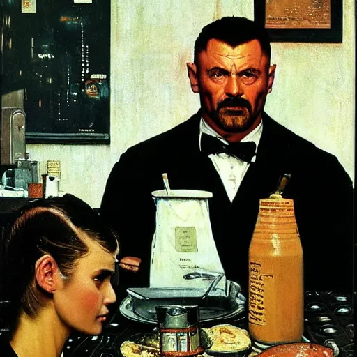 Image similar to leon kowalski replicant from blade runner is unhappy with the soup he has received in a restaurant and is considering making a complaint, painted by norman rockwell and tom lovell and frank schoonover