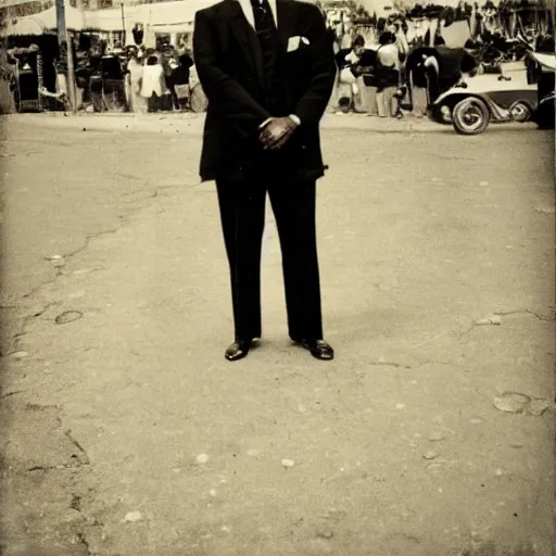 Prompt: vintage photo of a black man wearing a black suit in front of rio de janeiro