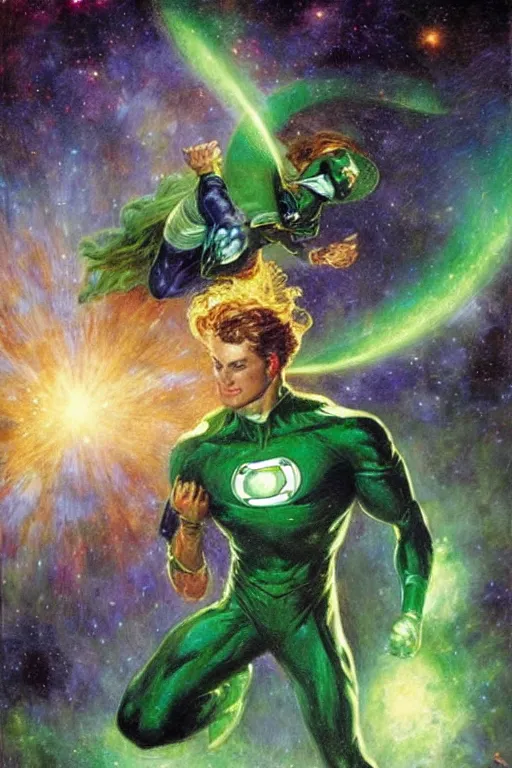 Image similar to green lantern flying through space. art by gaston bussiere.