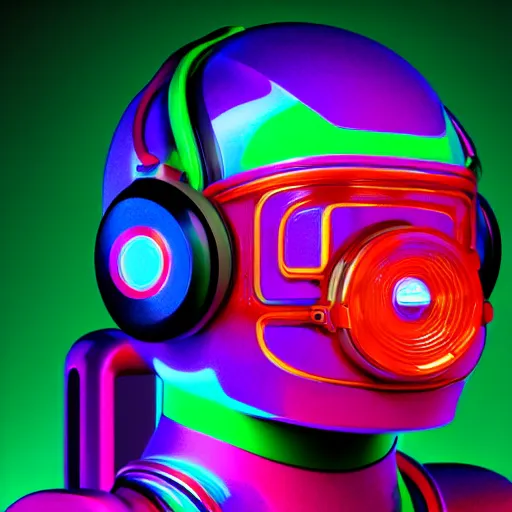 Image similar to a glossy claymodel of a atompunk aztec futurism robot head with glowing headphones, 8 k, symetrical, flourescent colors, halluzinogenic, multicolored, very detailed, black background, 3 d render,