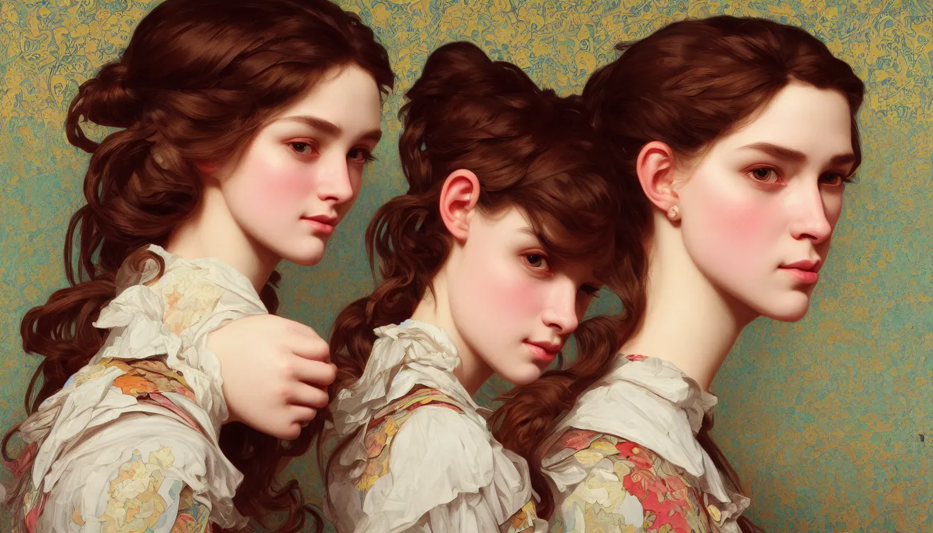 Image similar to excellent painted portrait of pretty girl with upturned nose, high quality masterpiece painted, patterned background by james jean, 4 k, trending on artstation, octane render, art by james jean and artgerm and greg rutkowski and alphonse mucha and craig mullins and james jean and andrei riabovitchev and marc simonetti and peter mohrbacher