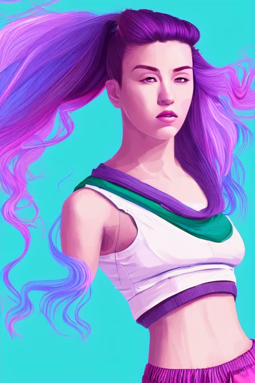 Image similar to a award winning half body portrait of a beautiful woman in a croptop and cargo pants with ombre purple pink teal hairstyle with head in motion and hair flying by wlop, outrun, vaporware, shaded flat illustration, digital art, trending on artstation, highly detailed, fine detail, intricate