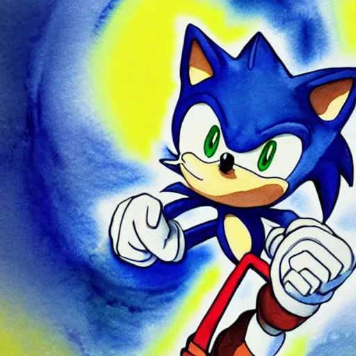 Prompt: a stylized, flat watercolor of Sonic the Hedgehog, ghibli, 4K, gorgeous lighting, soft pastels, 8K HD abstract
