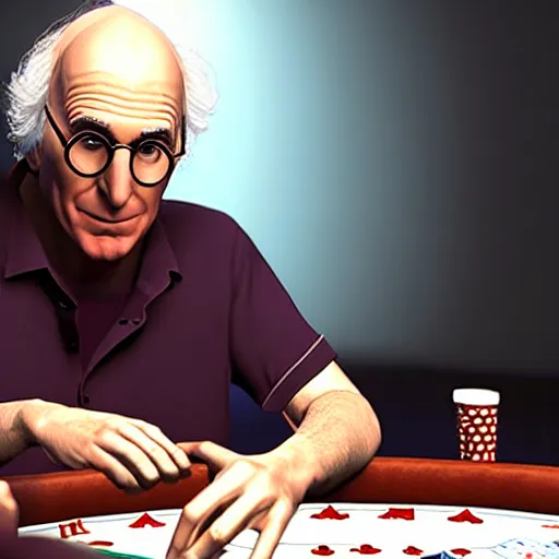 Image similar to larry david playing poker, photorealistic studio portrait, studio lighting, unreal engine 5, hyperrealistic, dynamic lighting, white ambient background, realistic, highly detailed