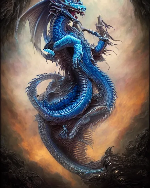 Image similar to a beautiful detailed 3d matte painting of female blue dragon of the dead, by ellen jewett, by tomasz alen kopera, Frank Frizzera, ominous, magical realism, Magic the gathering playing card, texture, intricate, ornate, royally decorated, whirling smoke, embers, radiant colors, fantasy, trending on artstation, volumetric lighting, micro details, 3d model , ray tracing, 8k