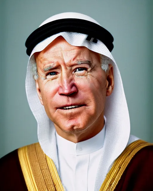 Prompt: a picture of joe biden as a muslim sheikh from saudi arabia, portrait, ektachrome, closeup, f / 2. 8