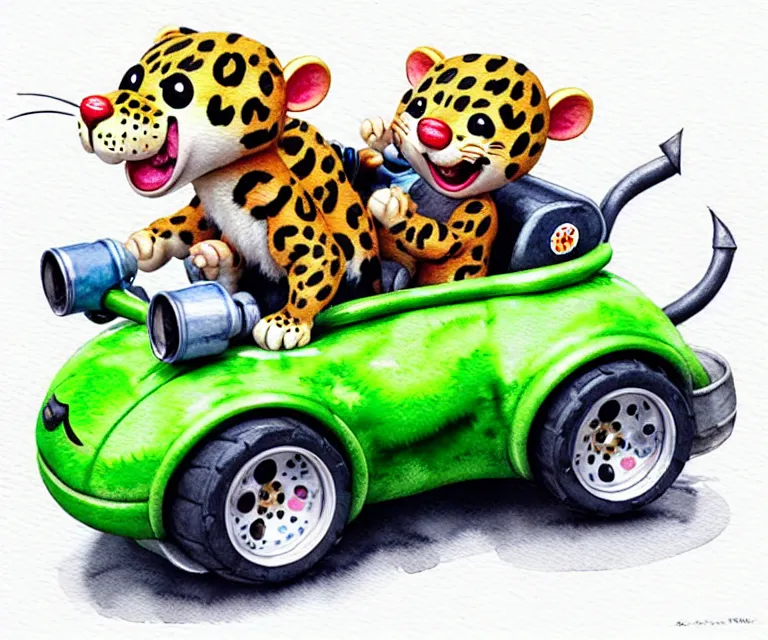 Image similar to cute and funny, baby leopard riding in a tiny go kart with oversized engine, ratfink style by ed roth, centered award winning watercolor pen illustration, isometric illustration by chihiro iwasaki, edited by range murata, tiny details by artgerm and watercolor girl, symmetrically isometrically centered