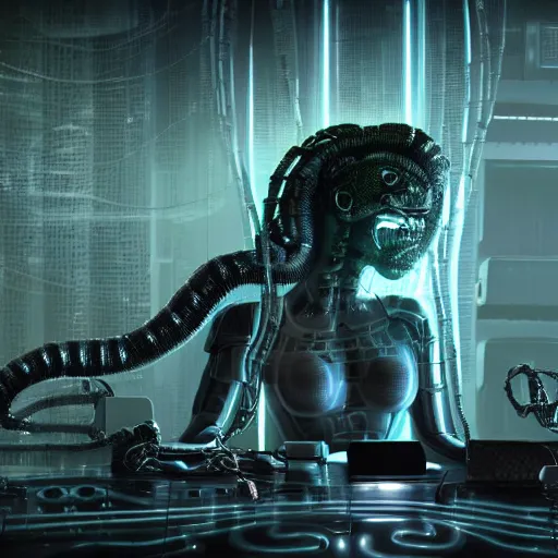 Image similar to the upper torso of a terminator gorgon medusa with borg implants, human face and robotic snakes coming out of her head is hanging from cables and wires off the ceiling of a lab. Her bottom half is missing with cables hanging out. She is taking a sip from a cup of coffee. very detailed 8k. Horror cyberpunk style. Unreal engine 5 render with nanite, path tracing and cinematic post processing. Sharp.