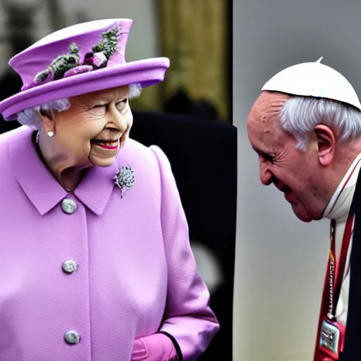 Prompt: the queen of england viciously attacks the pope in a boxing ring