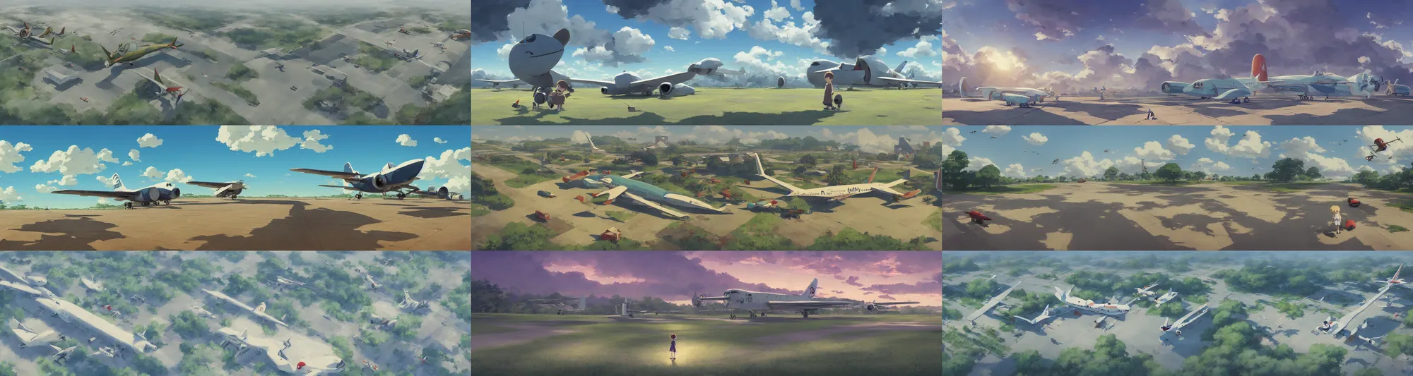 Prompt: a wholesome animation key shot of a cute empty airplane runway, studio ghibli, pixar and disney animation, sharp, rendered in gouache painting, anime key art by greg rutkowski, bloom, dramatic, dynamic lighting