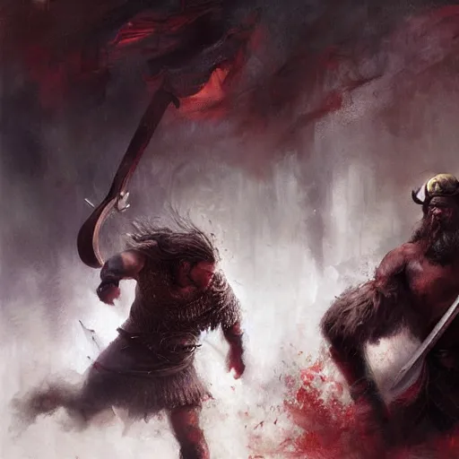 Image similar to a beautiful painting of a Viking attacking another man, by raymond swanland, featured on artstattion