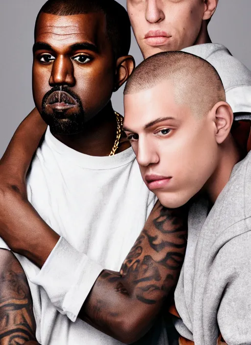 Image similar to portrait of kanye west and pete davidson, for vogue magazine, by charlotte grimm, natural light, detailed face, beautiful features, symmetrical, highly detailed, highly realistic, high resolution, canon eos c 3 0 0, ƒ 1. 8, 3 5 mm, 8 k, medium - format print, half body shot