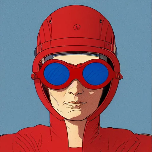 Prompt: woman wearing aviator helmet and googles, drawn by jean giraud and moebius, red tones, detailed drawing, flat colors