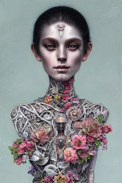 Prompt: humanoid robot, flowers growing on skin, highly detailed, expressive eyes, beautiful symmetric body, perfect proportions, highly intricate, art by tom bagshaw and alex gray