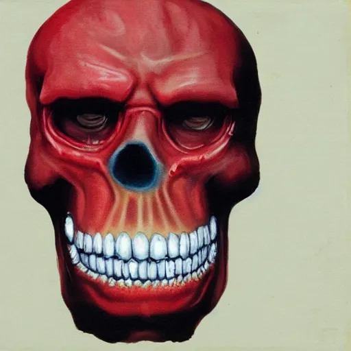 Image similar to Portrait of red skull with black tar oozing from eye sockets