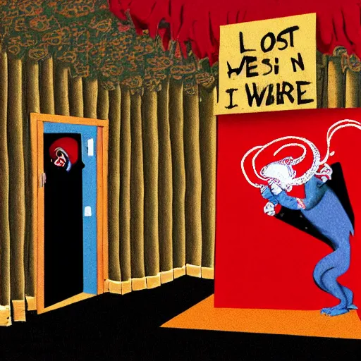 Image similar to Cthulhu lost inside the red room from Twin Peaks while David Lynch laughs in the background, mike judge art style, 90s mtv illustration W- 1920