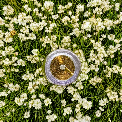 Prompt: perfume bottle lying in the green grass with white and gold flowers, birdseye view, golden hour close shot, softly - lit, soft - warm, zen, light, modern minimalist f 2 0 clean